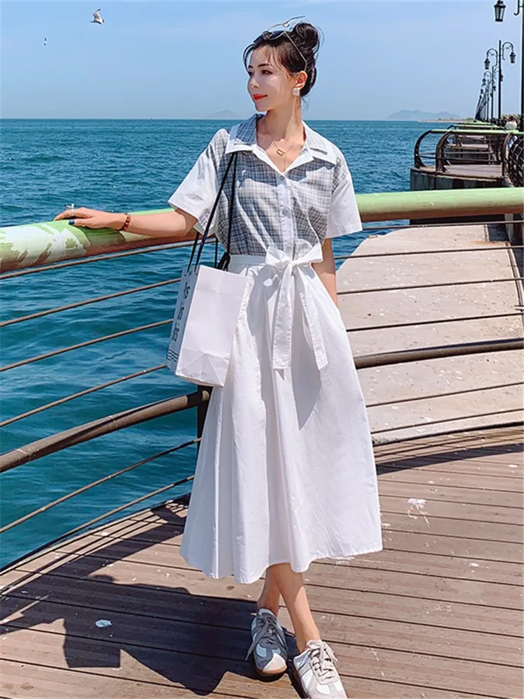 

Elegant Fashion Shirt Dress for Women Summer 2022 Short Sleeve Casual Loose Korean Style Spliced Plaid Bandage Long Dresses Q877