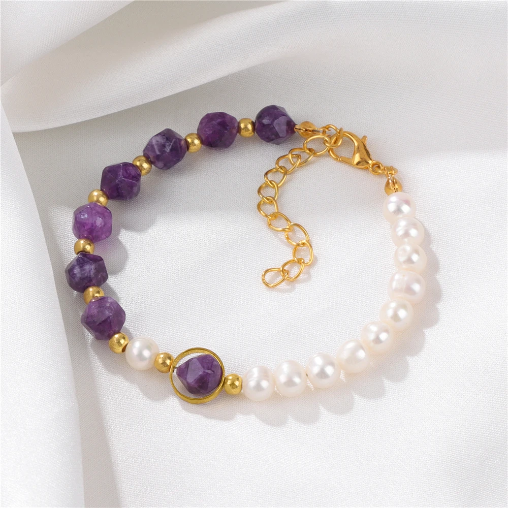

Fashion Amethysts Stone Bracelet Natural Freshwater Pearl Chain Bracelet For Women Girl Elegant Temperament Wedding Jewelry Gift