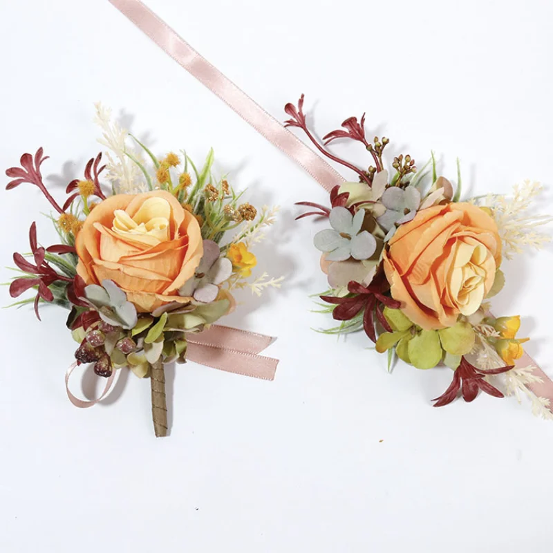 

Vintage Artifical Flowers Rose Boutonnieres Wrist Corsage Groomsmen Marriage Homme Wedding Accessories