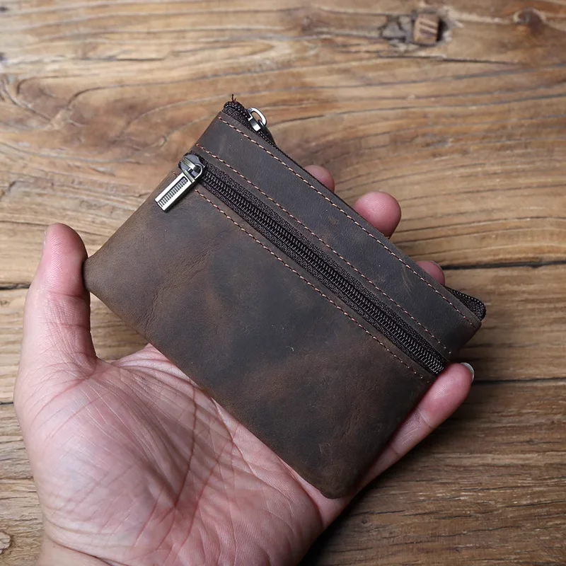 Men's Leather Card Bag Retro Head Layer Cowhide Coin Purse Female Handmade Zipper Wallet Key Bag Driving License Bag