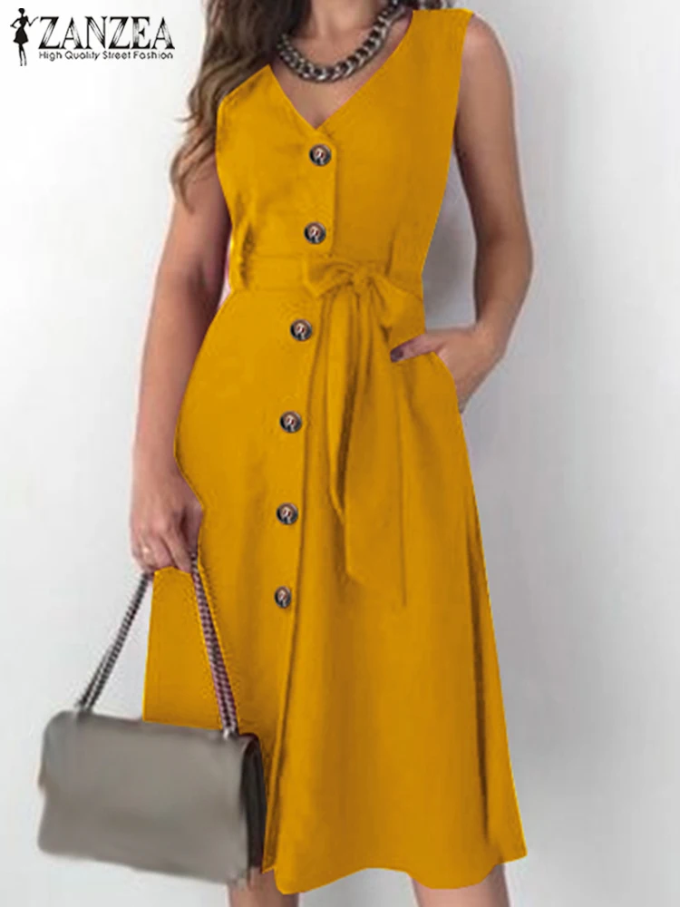 

Платье ZANZEA женское средней длины с поясом, модное повседневное однотонное офисное платье без рукавов, с V-образным вырезом и пуговицами, лето 2023