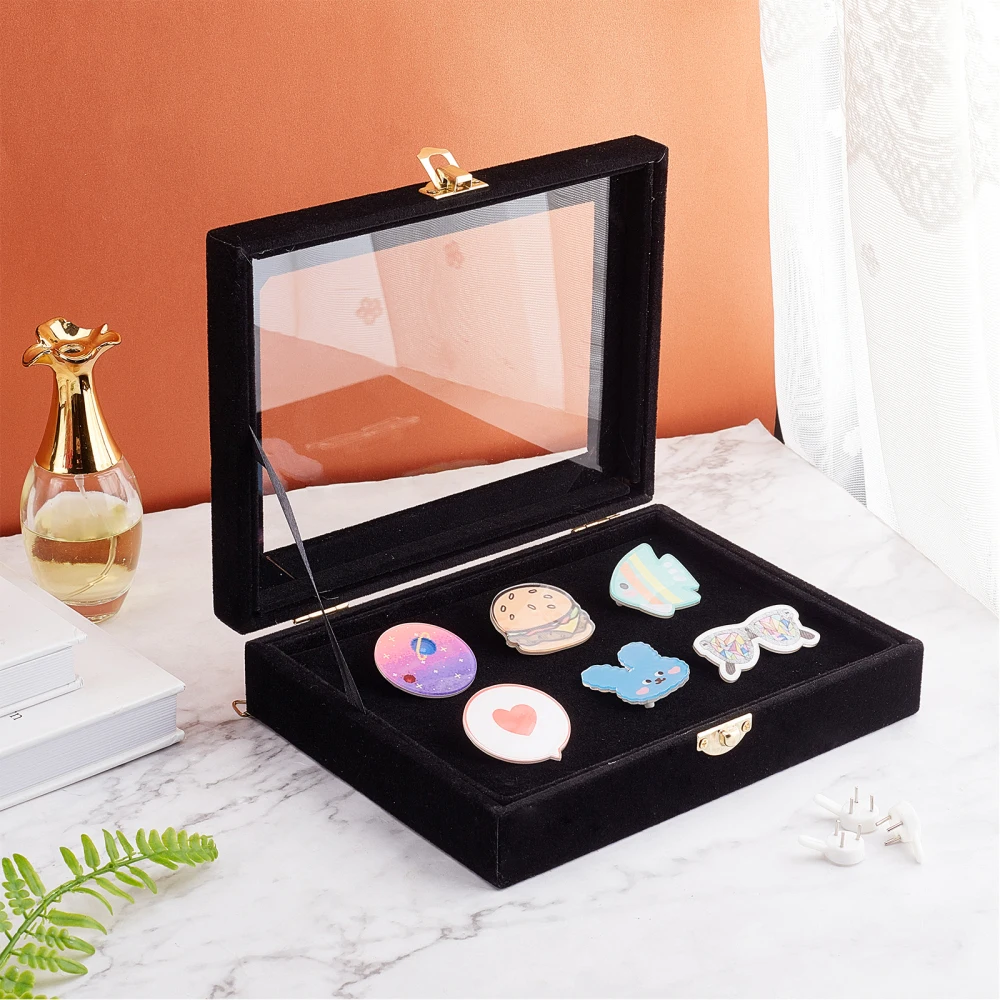 Square Wooden Presentation Boxes with Glass Window Black Velvet Pin Display Case for Jewelry Badge Storage Organizer Holder Show