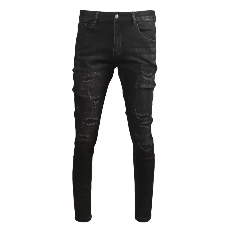 Autumn Men Black Ripped Jeans Korean Style Fashion Slim Fit Denim Pants CP2028