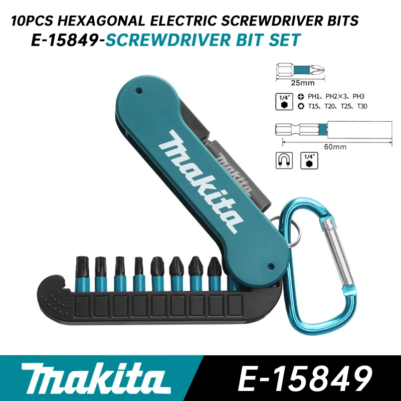 

Makita E-15849 Screwdriver Bit Set Magnetic Sleeve PH1 PH2 PH3 T15 T20 T25 T30 10Pcs Hexagonal Cross Electric Screwdriver Bits