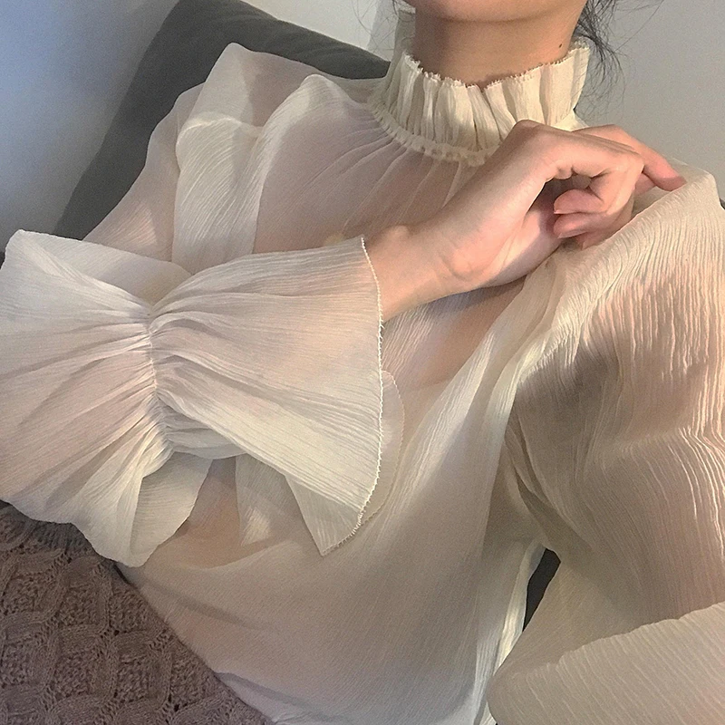 

Women Solid Chiffon Tops and Blouses Korean Vintage Ladies O-Neck Long Sleeve Button Casual Shirts New Flare Blusas Mujer Sleeve