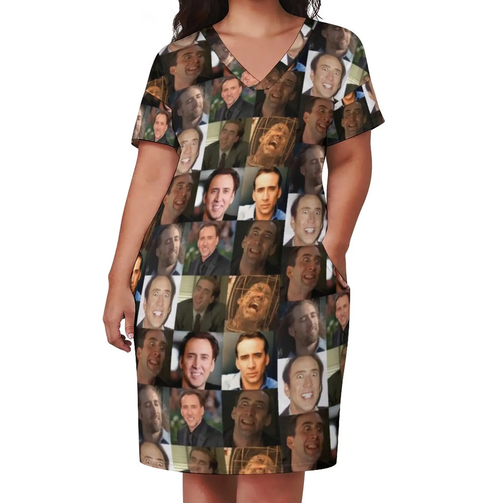 Funny Nicolas Cage Casual Dress Summer Memes Collage Elegant Dresses Female V Neck Print Streetwear Dress Plus Size 4XL 5XL