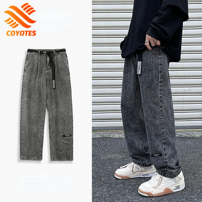 

COYOTES Spring New Streetwear Baggy Jeans Men Fashion High Street Straight Trousers Men Hip Hop Vintage Denim Pants Distressed