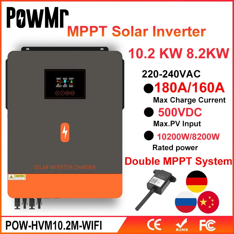 

PowMr Grid Tie Inverter 10.2KW 8.2KW 6.2KW Hybrid Solar Inverter 48VDC to 230VAC MPPT 180A 160A 120A Solar Charger Controller