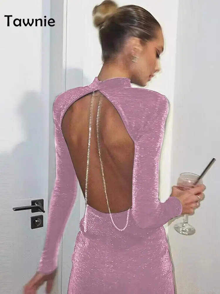 

Женское платье с открытой спиной Tawnie, вечернее блестящее платье с цепочкой, элегантная сексуальная одежда с длинным рукавом, мини-платья, Кл...