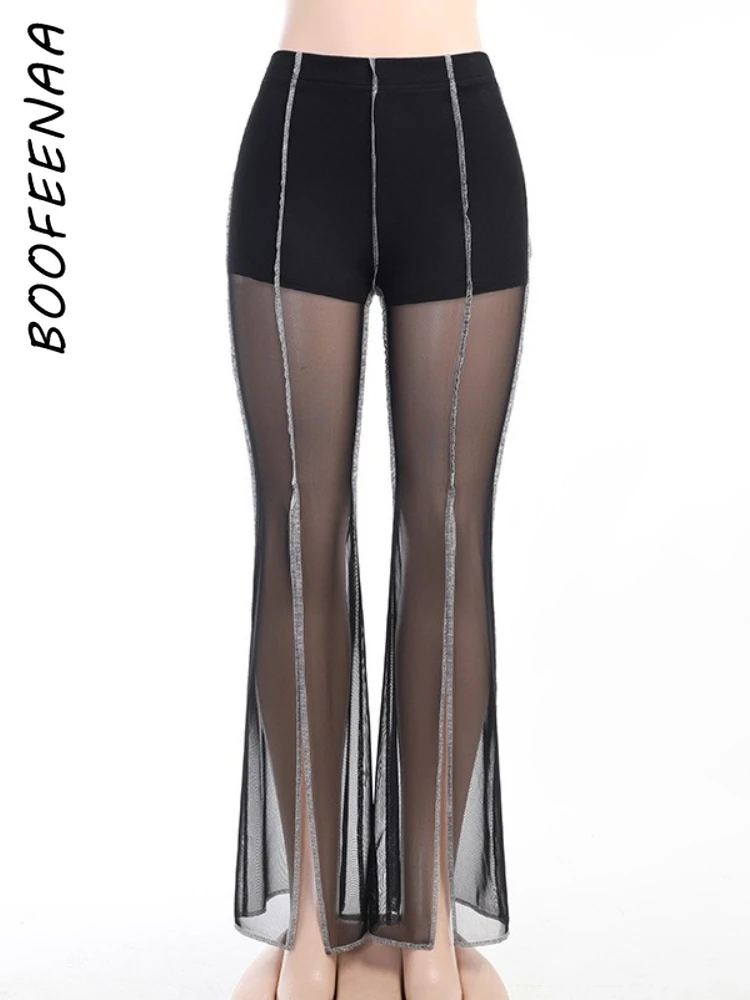 BOOFEENAA Sexy Black Mesh Slit Bootcut 