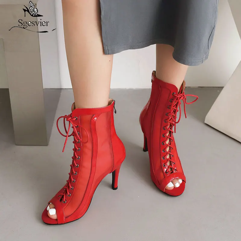 

Sgesvier Fine Heel Mesh Women's Fish mouth Net Boots Summer Hollow Short Boots Large Lace Up Jazz Dance High-heeled Sandals