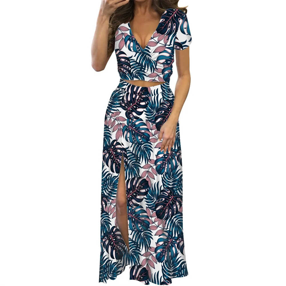 

POD Bodycon Short Sleeve V-neck Dress For Women Maori Art Silver Fern Casual Split Side Dresses Suit Ladies Sexy Suit Dress