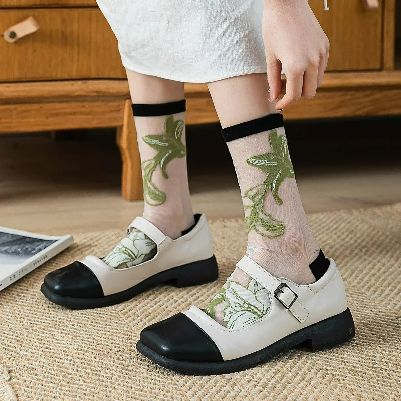 1pair Sock Women's New Fashion Spring Flower Cotton Casual Breathable Thin Transparent Women Crew Socks Trendy Cute High Quality