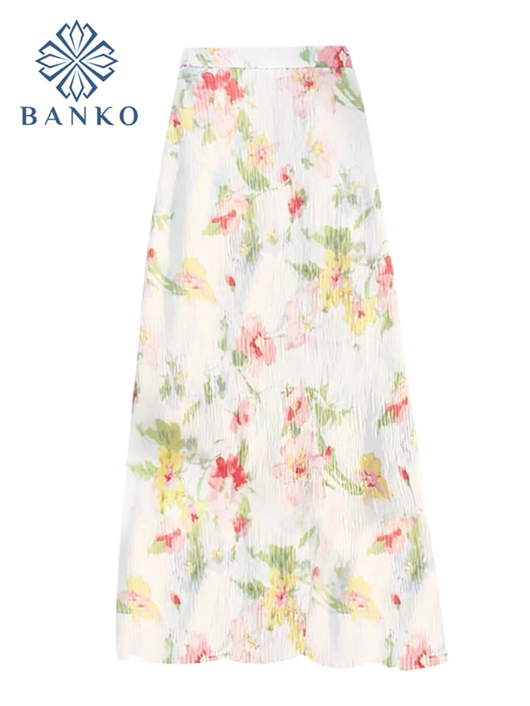 

2022 New Skirts Womens Summer Vintage Floral Print Pleated Midi Skirt Ins Y2k Elastic High Waist Casual A-line Clothes Jupe Lady