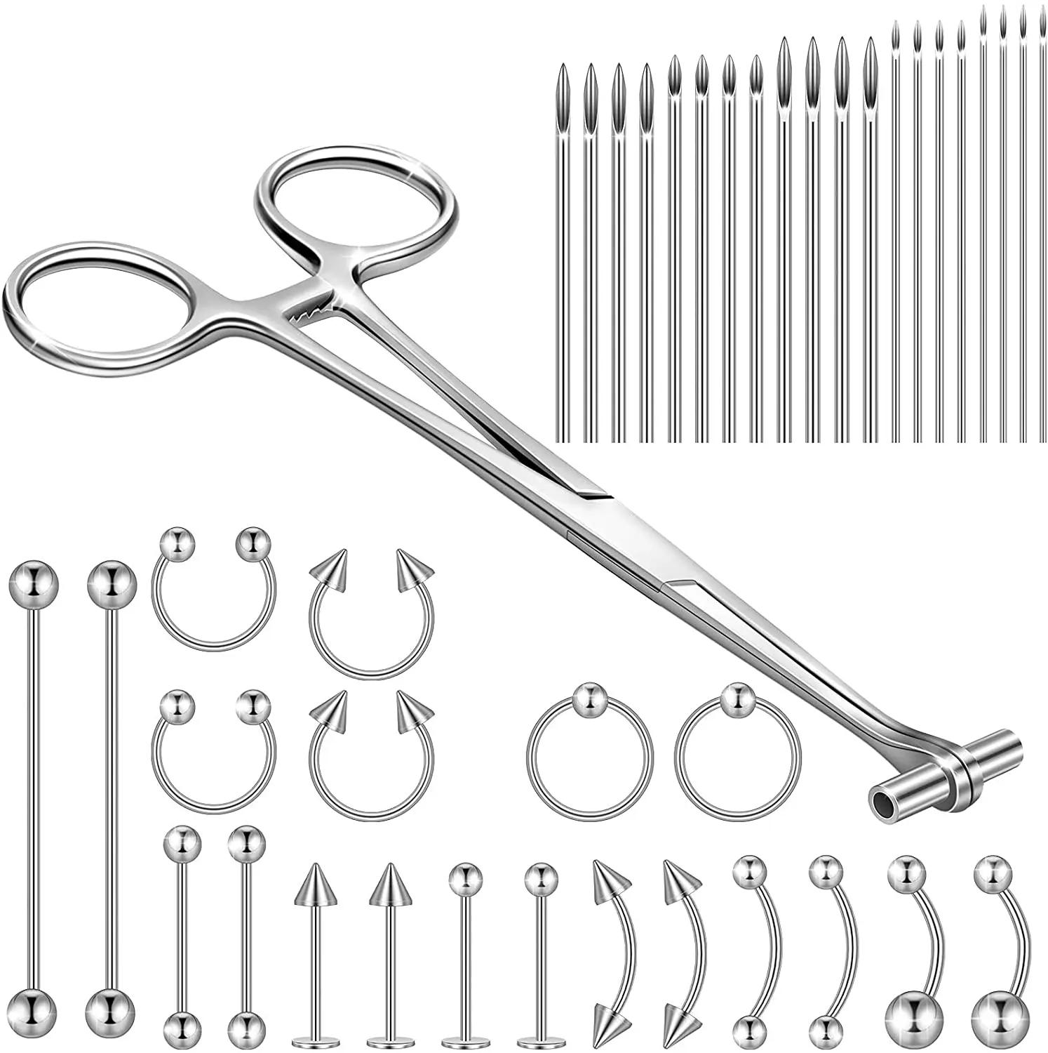 

41 Pieces Body Piercing Tool Kit Include Septum Forceps Clamp Pliers 20 Pcs 316L Stainless Steel Piercing Needles