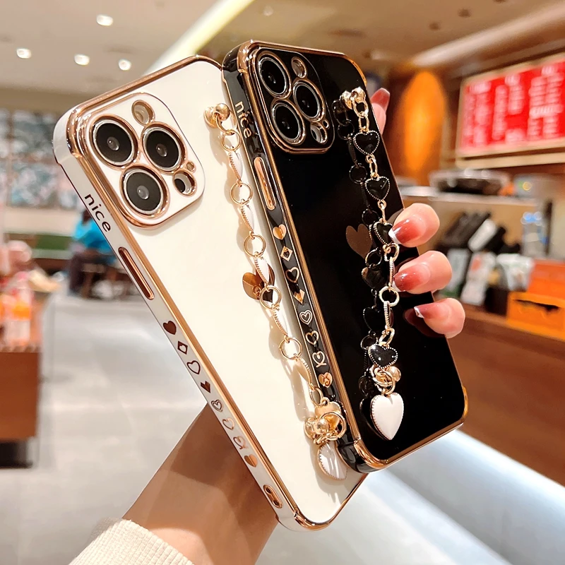 

Soft Electroplated Love Heart Phone Case For iPhone 11 12 13 Pro Max XS X XR 7 8 Plus Mini SE 2020 Bracelet Bumper Back Cover
