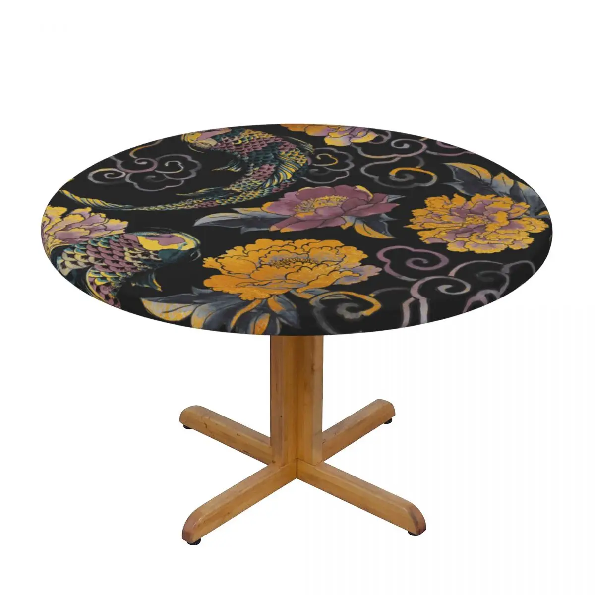 

Round Table Cover Cloth Protector Polyester Tablecloth Japanese Asian Flowers And Koi Fitted Table Cover with Elastic Edged