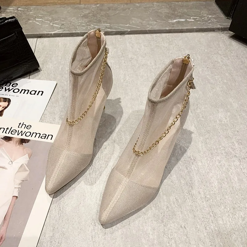 Women's Sandals Summer New Metal Chain With Sexy Black Cold Boots High Heel Zip Closed Back Sandals Pu Party Shoes Gauze Pointed