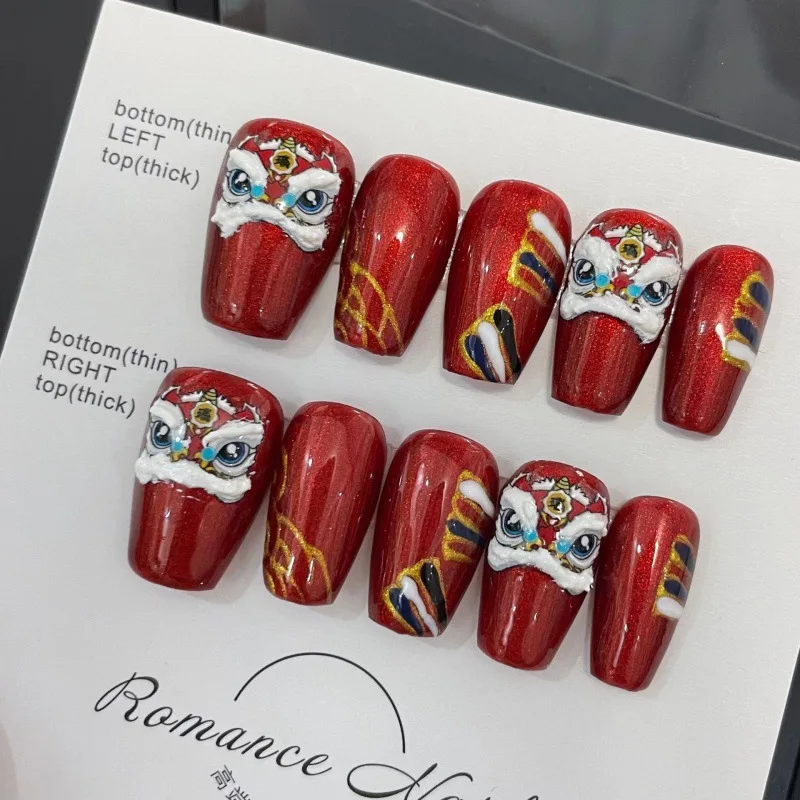 

Handmade Advanced Cute Red Lion False Nails With Designed Spring Festival Wearable Press On Nails Full Cover Acrylic Nail Art