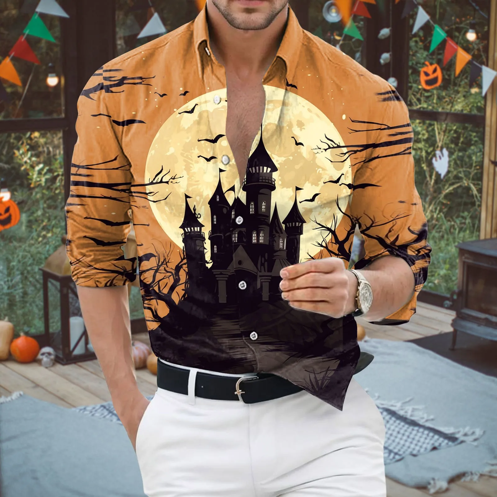 

Mens Halloween Long Sleeve Shirt Landscape Print Spring Autumn Casual Loose Top Turn-Down-Collar Button Cardigan Autumn Outfits