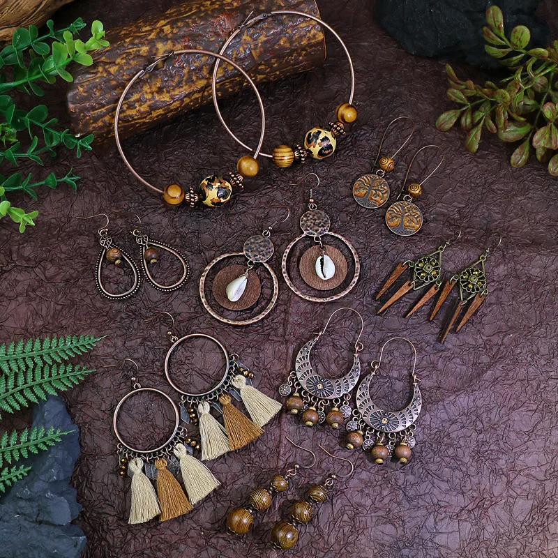 

Женские винтажные серьги-кисточки, круглые деревянные серьги в этническом ретро-стиле с геометрическим рисунком, 2022
