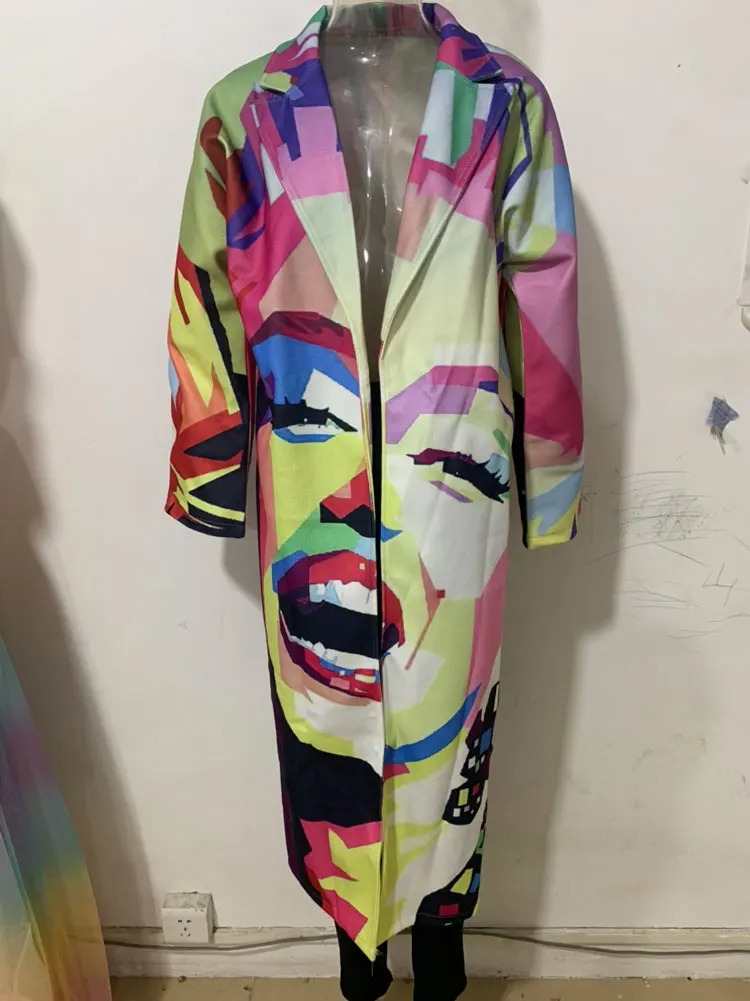 Зимнее длинное теплое Женское пальто с принтом лица свободная повседневная