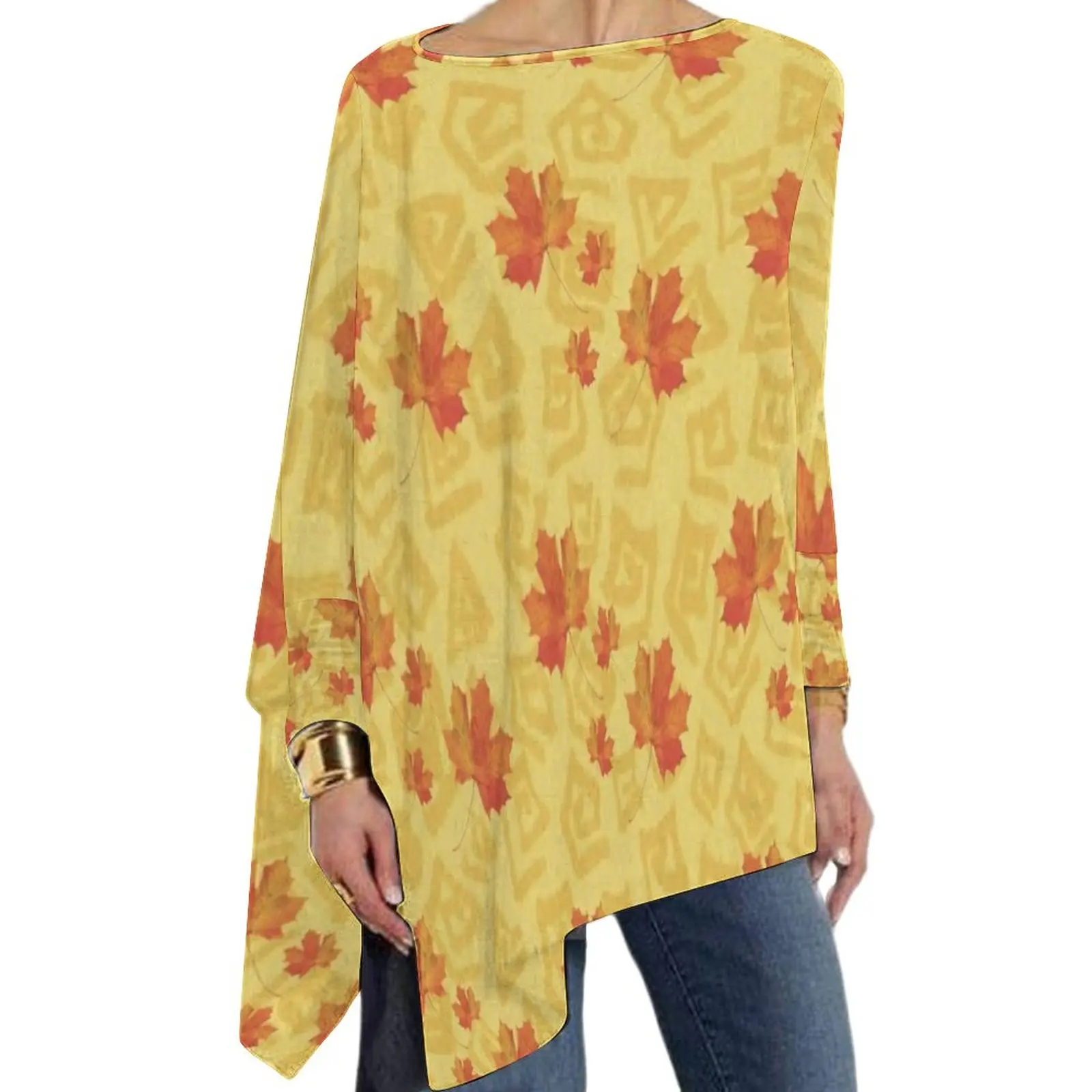 

Fall Leaf T Shirt Maple Leaves Print Retro Long Sleeve T-Shirts Street Style Big Size Tee Shirt Women Pattern Tops Birthday Gift