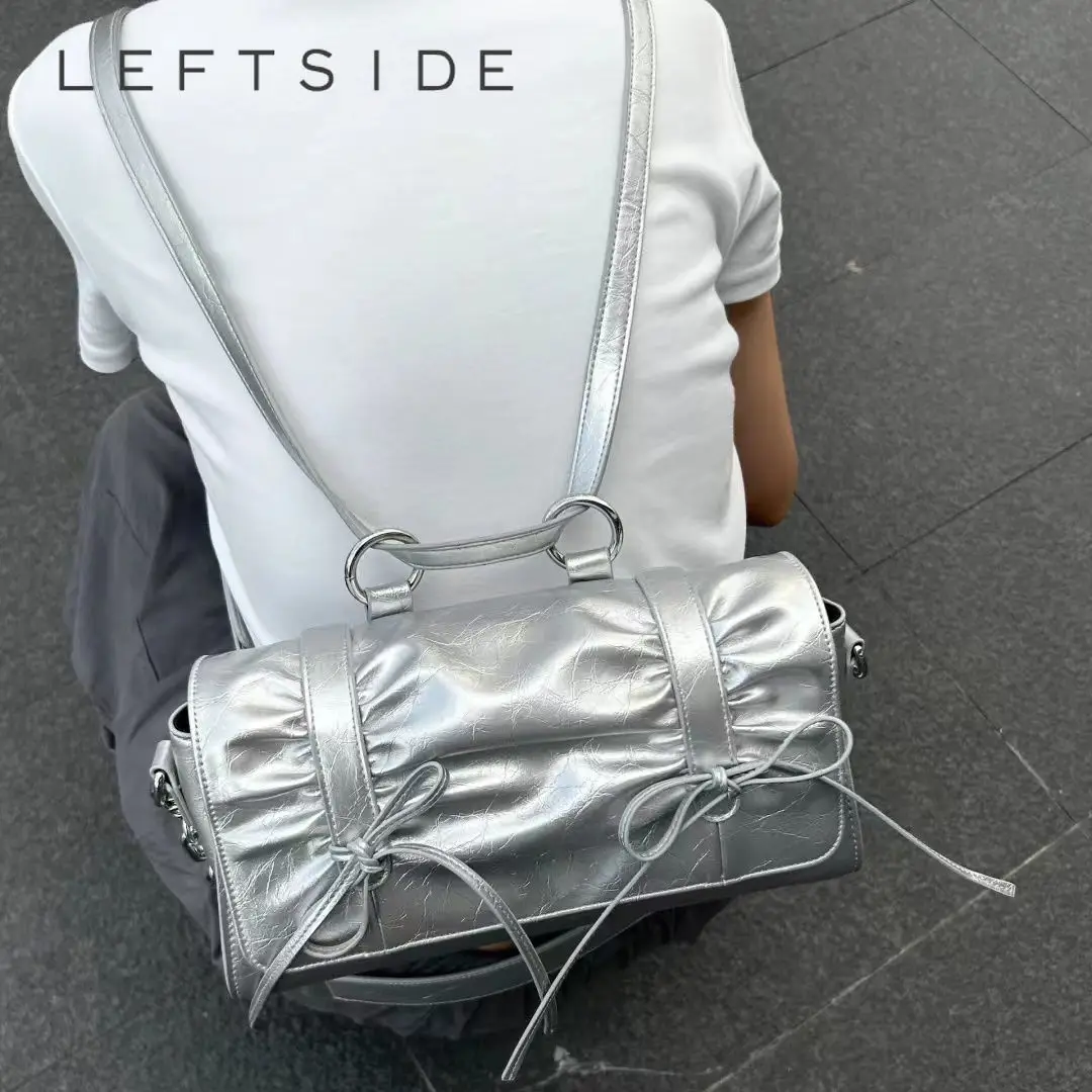 

LEFTSIDE Silver Crossbody Bags for Women 2023 Y2K Koeran Fashion Handbags Leather Luxury Brand Party Bow Design Shoulder Bag