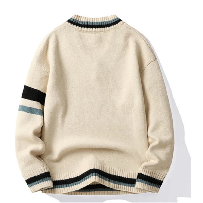 Contrast Loose Rib V-neck Knitted Sweater Men Casual Long Sleeve Ins Pullover Sweaters Autumn/Winter Versatile Bottomed Sweater