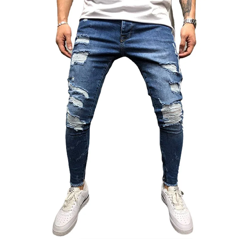 2022 Southeast Asian Men's Elastic Jeans Stripe Printed Jeans Streetwear Men's Blue Dednim Jeans Full Length Pencil Pants