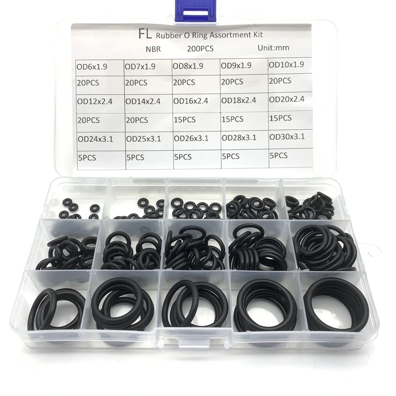 200 шт./кор. уплотнительные кольца резиновые шайбы ассортимент черные набор