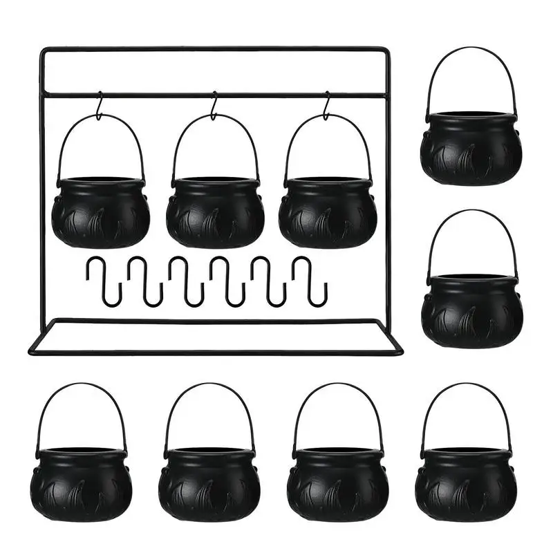 

Halloween Candy Bowl Set Of 9 Witches Cauldron Serving Bowls With 9 Hooks Tripod With Lights Black Plastic Bowl Party bucket