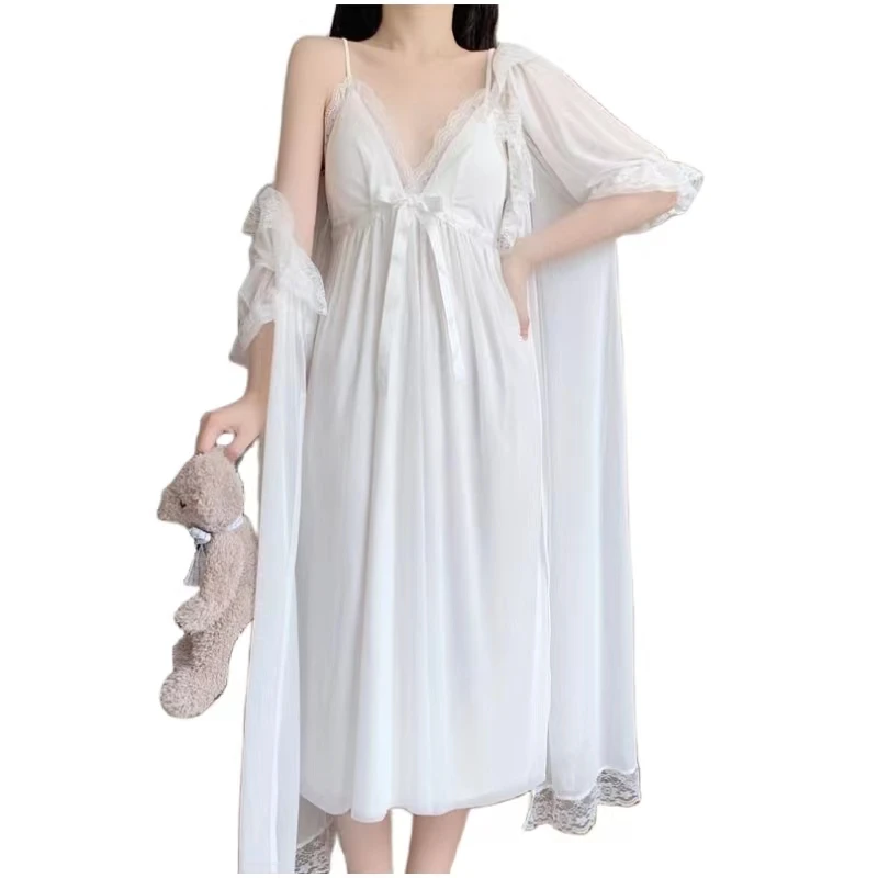 Sexy Nightwear Gown Set Women 2PC Pyjama V-Neck Pajamas Silky Sleepwear Spring Lady Sleep Suit Robe Wear Home Negligee Homewear