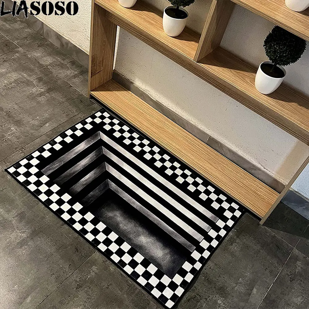 

LIASOSO 3D Print Vortex Illusion Square Rug Outdoor Mat Black White Checkerboard Trap Floor Mat Decor Indoor Carpet Vortex Rug