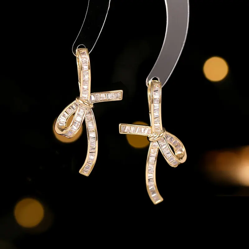 

Square zircon inlaid Earrings female Ribbon Bow Earrings