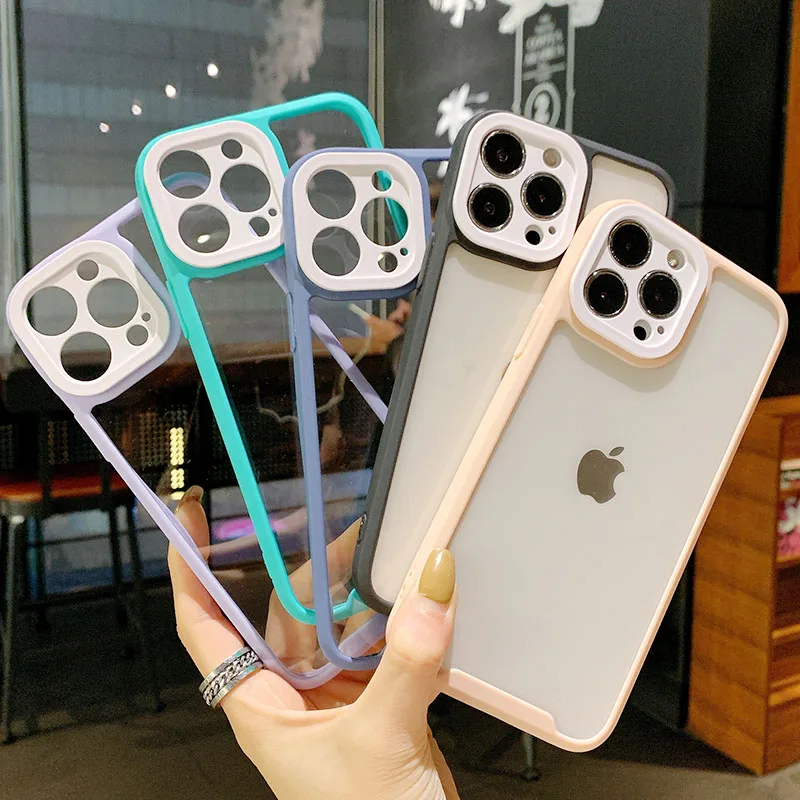 

Fashion Transparent Acrylic Color Border 12 Pro 11 Pro Max X XR XS Max 7 8 Plus SE 2020 Cute Pc Frame Lens Protection Cover