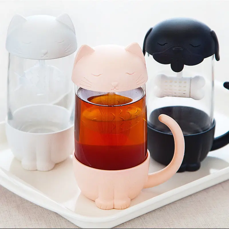 

Glass Cup Cute Cat and Dog Filter Water Cup Thermos Tea Brewer Filter Cup Home Office Gift Environmental Protection Applicable