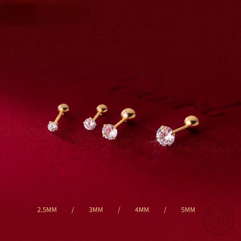 

925 Sterling Silver Luxury Round Zircon Simple Bead Stud Earrings for Women Fashion Body Piercing Jewelry Accessories