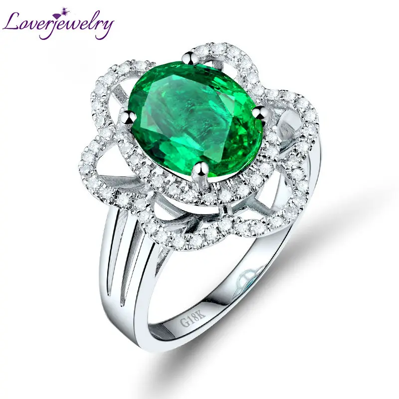 

LOVERJEWELRY Zambia Emerald Green Ring Gold Real 18Kt White Natural Emerald Flower Shape Diamond Jewelry Wedding Rings for Women