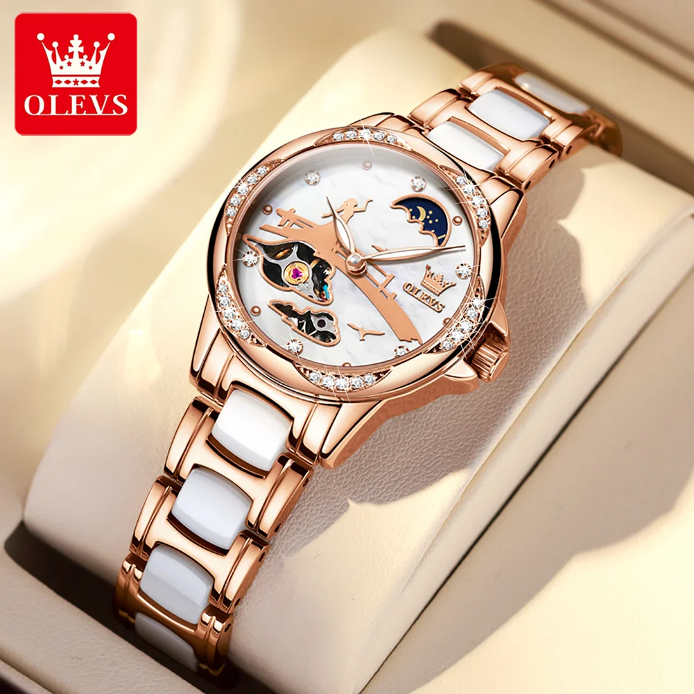 

OLEVS Luxury Original Automatic Mechanical Watch for Women Ceramic Band 30M Waterproof Self-wind Watch Ladies Reloj Mujer Gift
