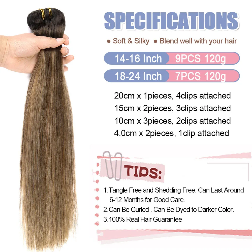 7/9 шт. Натуральные Прямые накладные волосы на клипсе