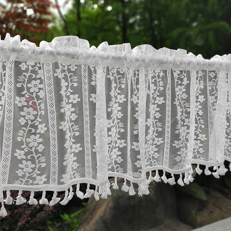 

White Sheer Lace Tie Up Curtain Valance for Cabinet Cafe Kitchen Delicate Floral Roman Short Half Bay Voile Home Decor Drapes