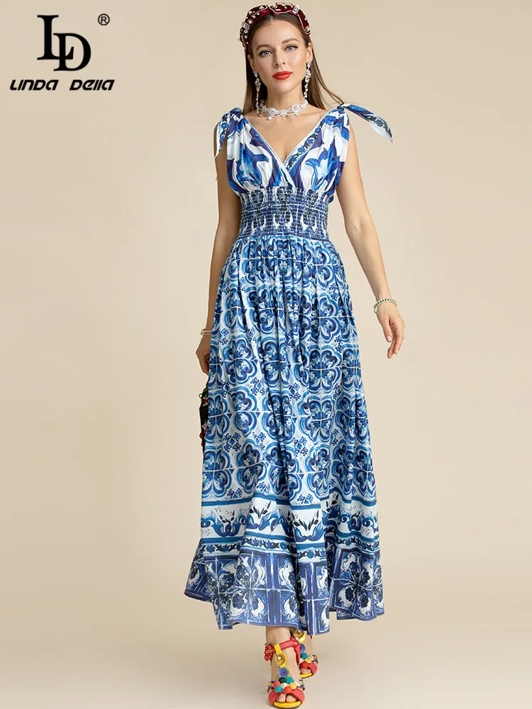 

LD LINDA DELLA Fashion Designer Summer Cotton Dress V Neck Elastic waist Blue and White Porcelain Printing Long Vacation Dresses