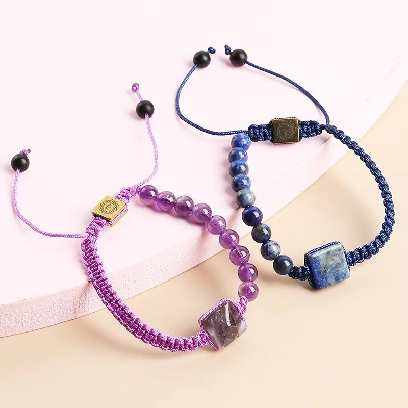 

JD Natural Stone Amethysts Lapis Lazuli Round Square Braided Bracelets Women Trendy Tiny Lucky Healing Yoga Meditation Jewelry