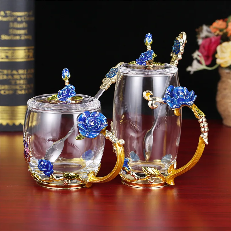 

Red Rose Enamel Crystal Tea Cup Coffee Cup Butterfly Rose Painted Flower Cup Transparent Glass with Spoon Set shot glass moet