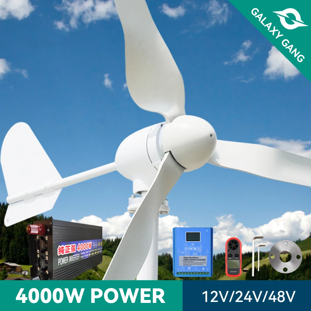 

Windmill Turbine Generator 4kw 12v 24v 48v Low Start Windmills Speed Free Alternative Energy 3Blades With MPPT Hybrid Controller