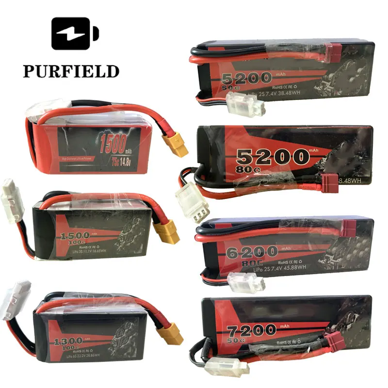 Литий-полимерный аккумулятор PURFIELD 2S 3S 4S 6S 1300 мАч 1500 5200 6200 7200 Lipo с разъемом Deans XT60 T