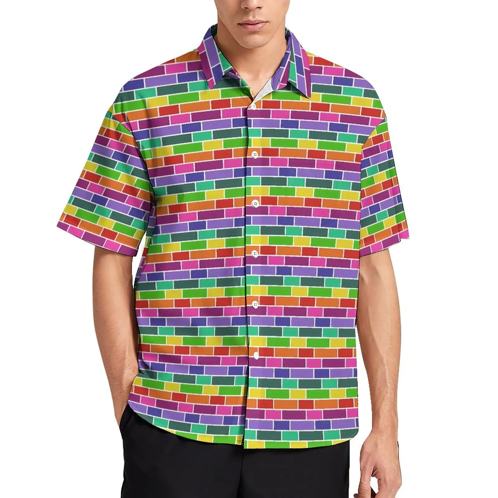 

Retro Mod Print Loose Shirt Men Beach Neon Geometric Casual Shirts Summer Design Short Sleeves Vintage Oversized Blouses