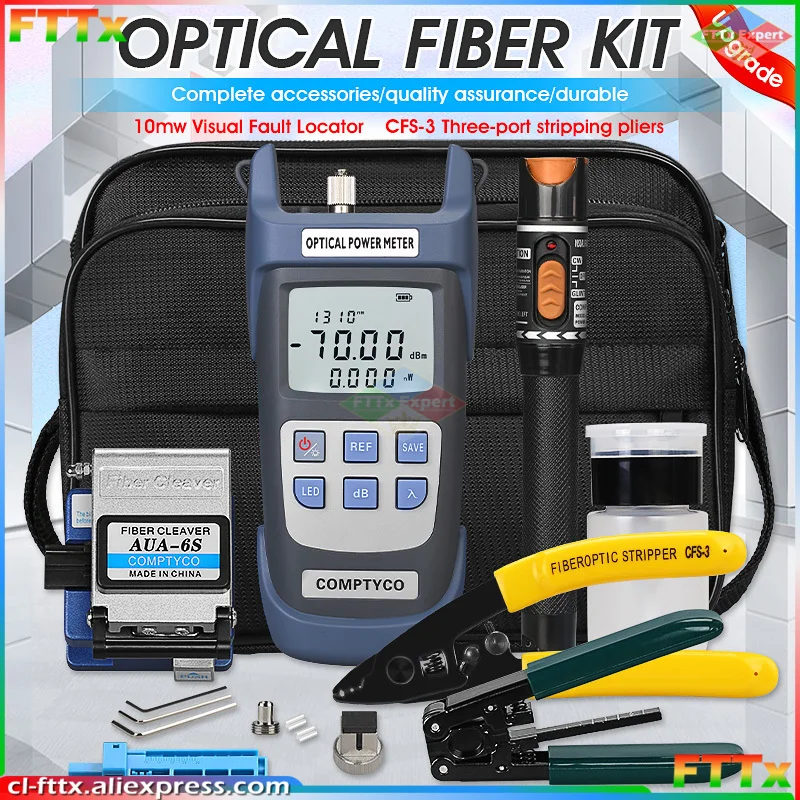 Free Shipping 19pcs/set FTTH Fiber Optic Tool Kit with Fiber Cleaver -70~+10dBm Optical Power Meter Visual Fault Locator 10mw