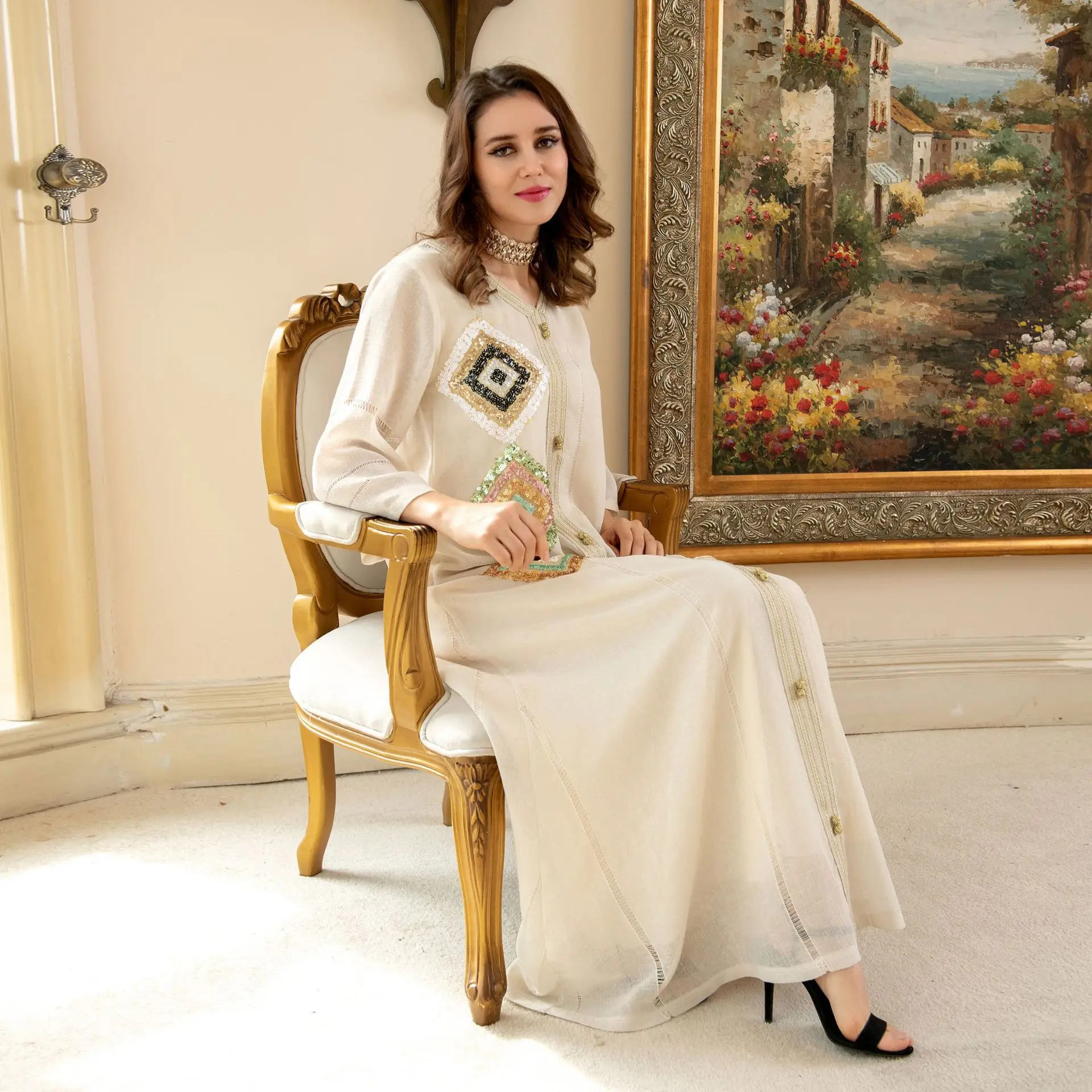 Muslim Women Dress Cotton and Linen Dubai Turkey Fashion Jalabiya Loose Sequins Embroidery Kaftan Abaya Islamic Clothing